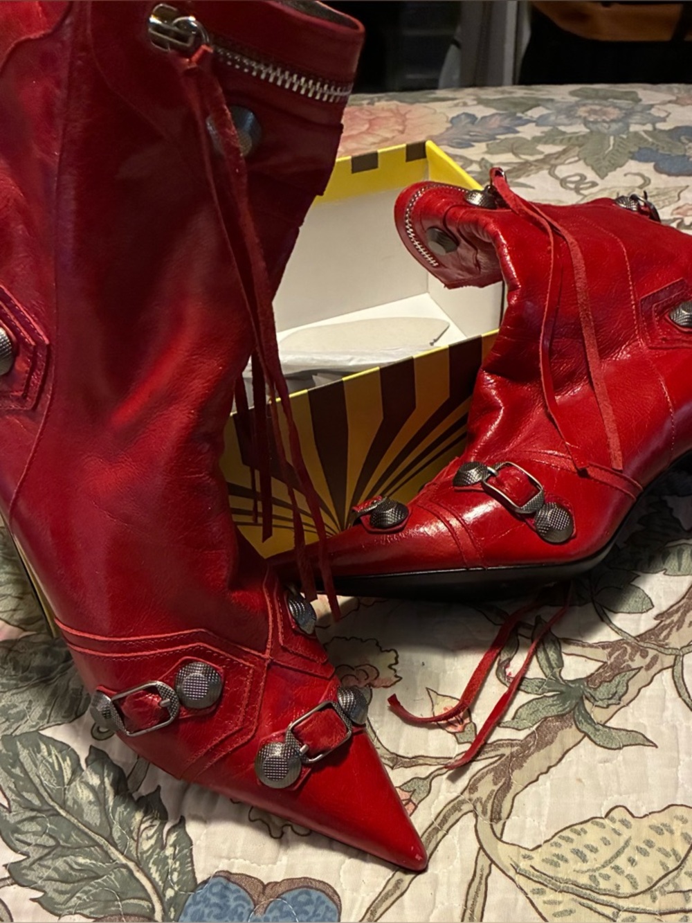 Red Pointed-Toe Leather Ankle Boots